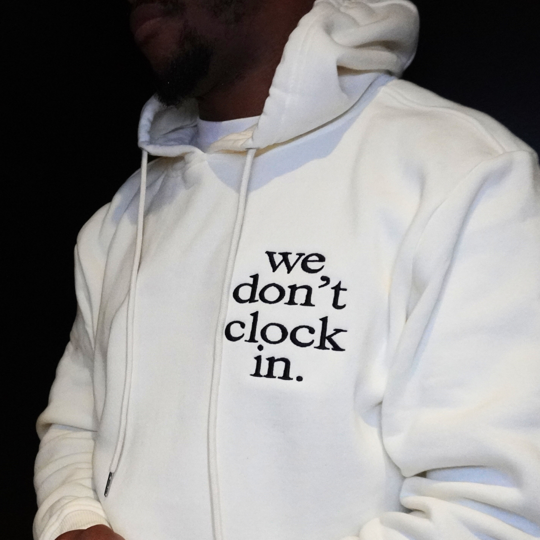 Our "we don't clock in." pocket logo hoodie is made from.... This comfortable and stylish hoodie is a statement on longevity, quality, and durability. Crafted with care and precision, its minimalist design allows the powerful statement "we don't clock in." to take center stage, making it a conversation starter wherever you go.