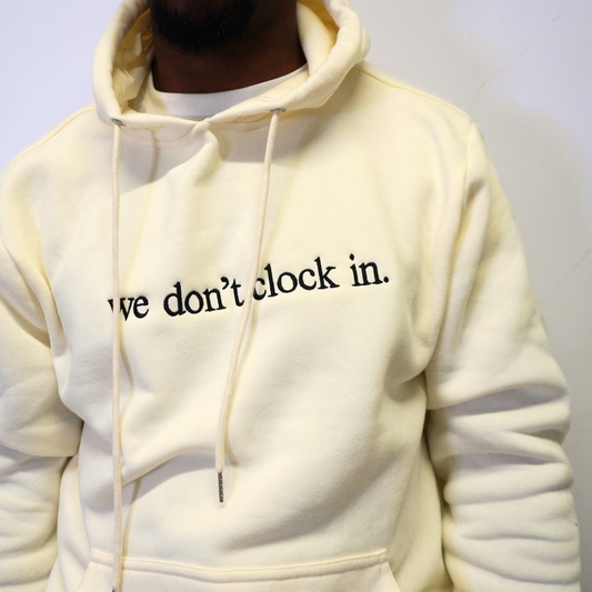 Our "we don't clock in." hoodie is made from.... This comfortable and stylish hoodie is a statement on longevity, quality, and durability. Crafted with care and precision, its minimalist design allows the powerful statement "we don't clock in." to take center stage, making it a conversation starter wherever you go.